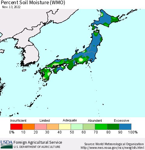 Japan Percent Soil Moisture (WMO) Thematic Map For 11/7/2022 - 11/13/2022