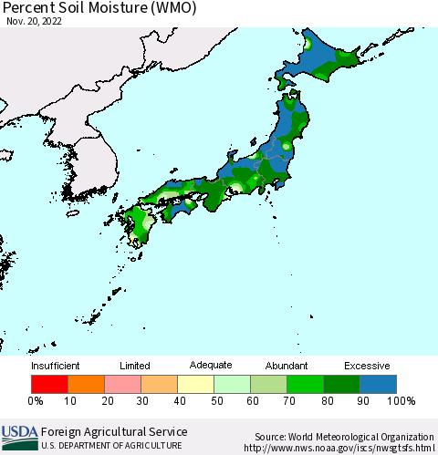 Japan Percent Soil Moisture (WMO) Thematic Map For 11/14/2022 - 11/20/2022