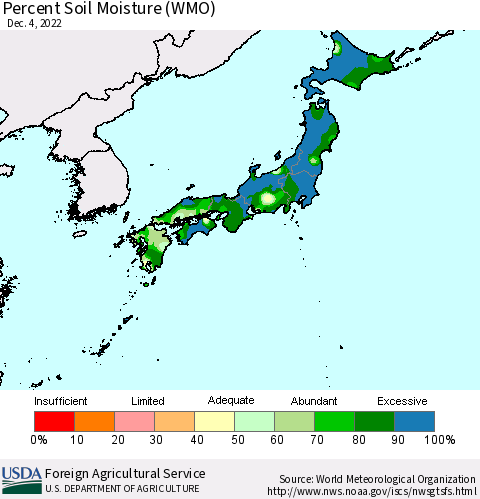 Japan Percent Soil Moisture (WMO) Thematic Map For 11/28/2022 - 12/4/2022