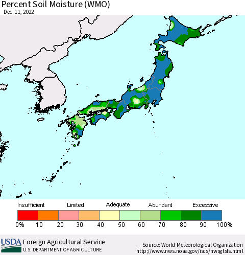Japan Percent Soil Moisture (WMO) Thematic Map For 12/5/2022 - 12/11/2022