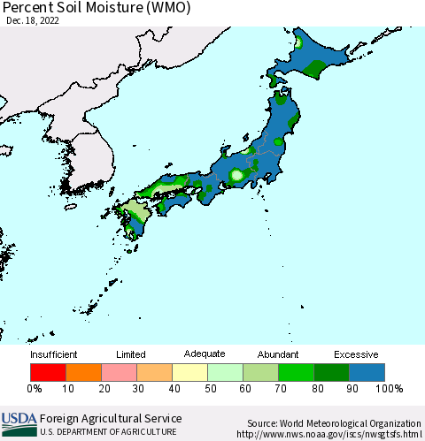 Japan Percent Soil Moisture (WMO) Thematic Map For 12/12/2022 - 12/18/2022