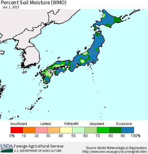 Japan Percent Soil Moisture (WMO) Thematic Map For 12/26/2022 - 1/1/2023