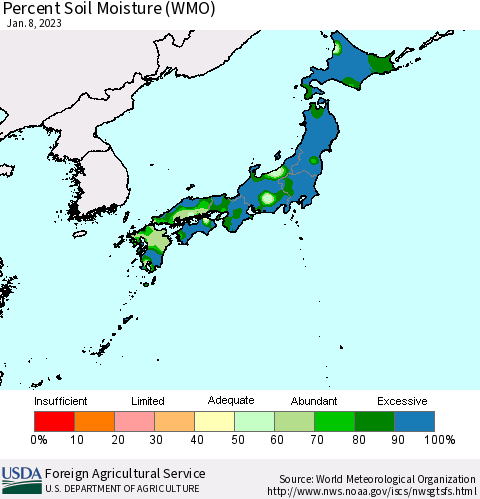 Japan Percent Soil Moisture (WMO) Thematic Map For 1/2/2023 - 1/8/2023