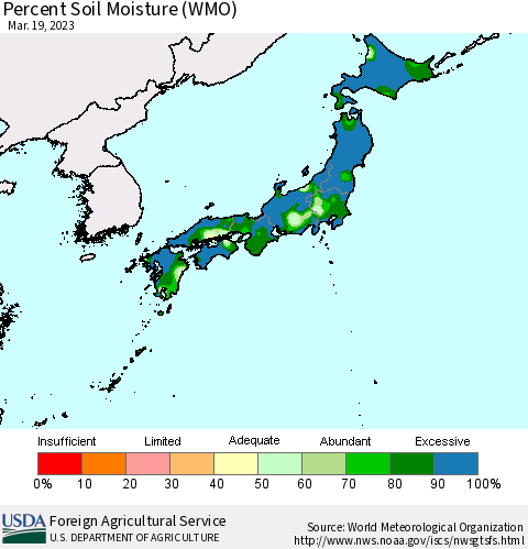 Japan Percent Soil Moisture (WMO) Thematic Map For 3/13/2023 - 3/19/2023
