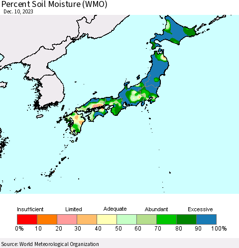 Japan Percent Soil Moisture (WMO) Thematic Map For 12/4/2023 - 12/10/2023