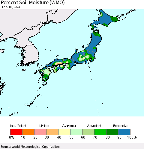 Japan Percent Soil Moisture (WMO) Thematic Map For 2/12/2024 - 2/18/2024