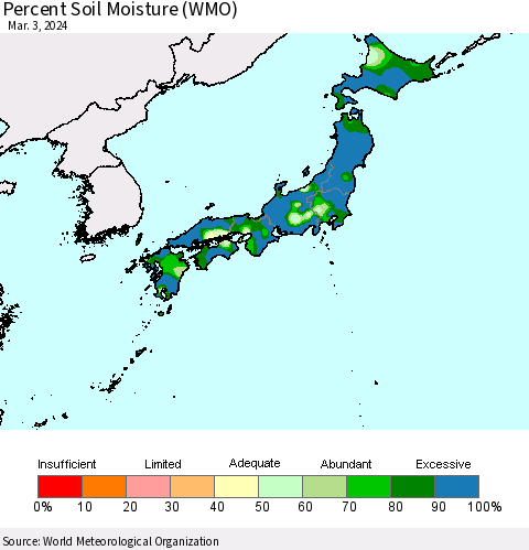 Japan Percent Soil Moisture (WMO) Thematic Map For 2/26/2024 - 3/3/2024