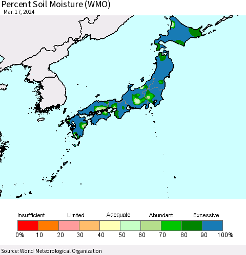 Japan Percent Soil Moisture (WMO) Thematic Map For 3/11/2024 - 3/17/2024