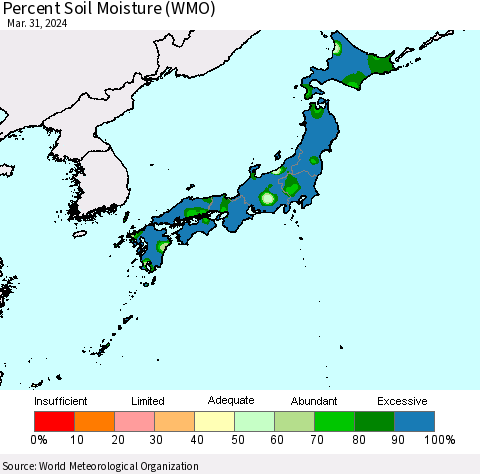 Japan Percent Soil Moisture (WMO) Thematic Map For 3/25/2024 - 3/31/2024
