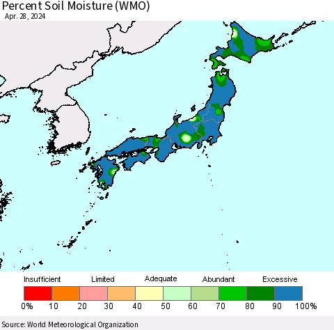 Japan Percent Soil Moisture (WMO) Thematic Map For 4/22/2024 - 4/28/2024