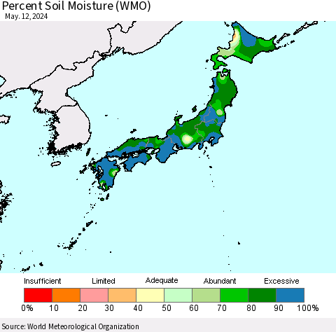 Japan Percent Soil Moisture (WMO) Thematic Map For 5/6/2024 - 5/12/2024