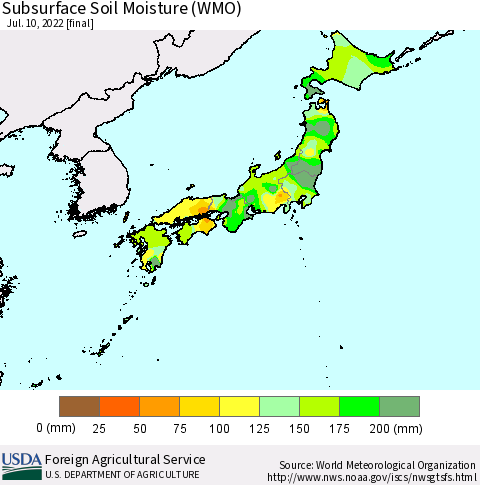 Japan Subsurface Soil Moisture (WMO) Thematic Map For 7/4/2022 - 7/10/2022