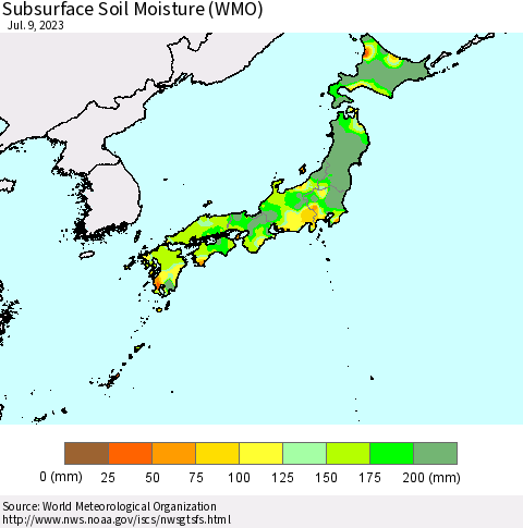 Japan Subsurface Soil Moisture (WMO) Thematic Map For 7/3/2023 - 7/9/2023