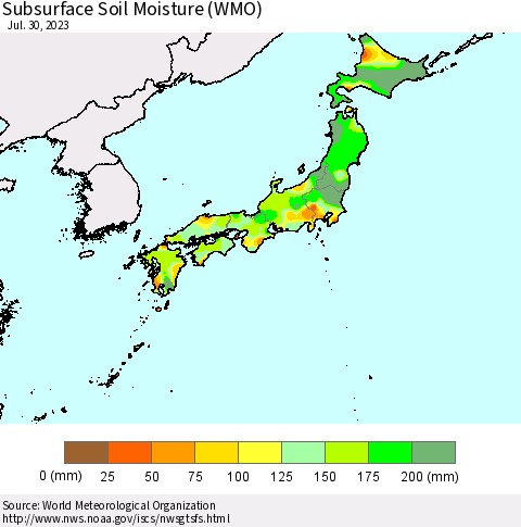 Japan Subsurface Soil Moisture (WMO) Thematic Map For 7/24/2023 - 7/30/2023