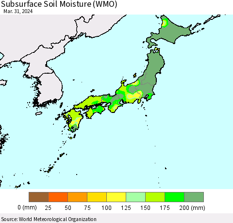 Japan Subsurface Soil Moisture (WMO) Thematic Map For 3/25/2024 - 3/31/2024
