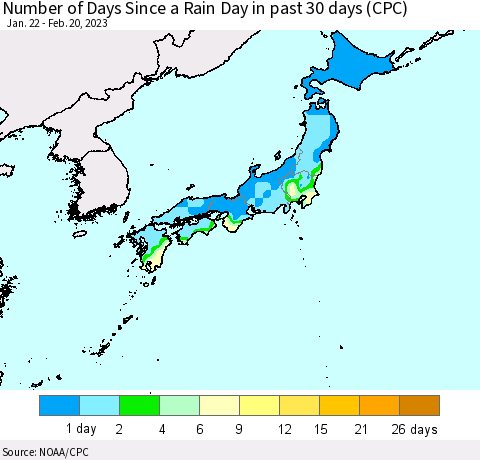 Japan Number of Days Since a Rain Day in past 30 days (CPC) Thematic Map For 2/16/2023 - 2/20/2023
