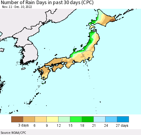 Japan Number of Rain Days in past 30 days (CPC) Thematic Map For 12/6/2022 - 12/10/2022
