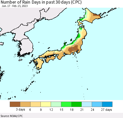 Japan Number of Rain Days in past 30 days (CPC) Thematic Map For 2/11/2023 - 2/15/2023