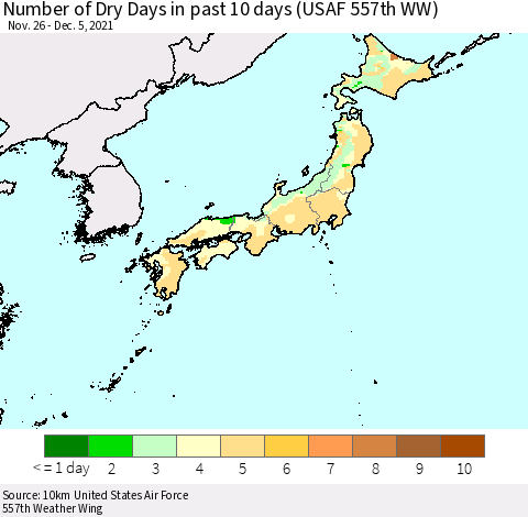 Japan Number of Dry Days in past 10 days (USAF 557th WW) Thematic Map For 12/1/2021 - 12/5/2021