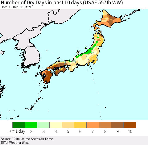 Japan Number of Dry Days in past 10 days (USAF 557th WW) Thematic Map For 12/6/2021 - 12/10/2021
