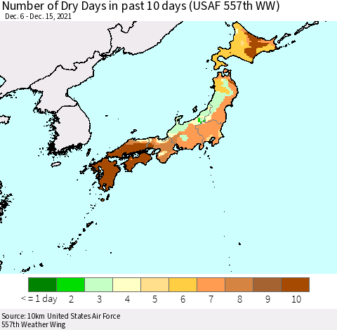 Japan Number of Dry Days in past 10 days (USAF 557th WW) Thematic Map For 12/11/2021 - 12/15/2021