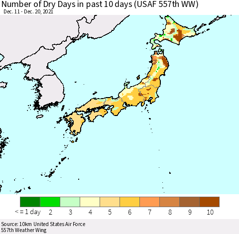 Japan Number of Dry Days in past 10 days (USAF 557th WW) Thematic Map For 12/16/2021 - 12/20/2021