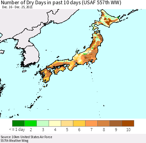 Japan Number of Dry Days in past 10 days (USAF 557th WW) Thematic Map For 12/21/2021 - 12/25/2021