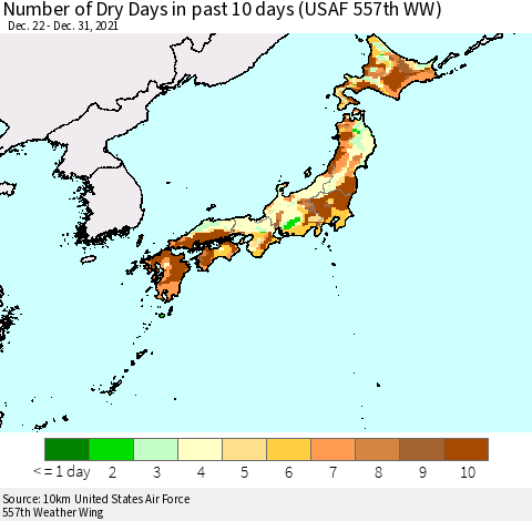 Japan Number of Dry Days in past 10 days (USAF 557th WW) Thematic Map For 12/26/2021 - 12/31/2021
