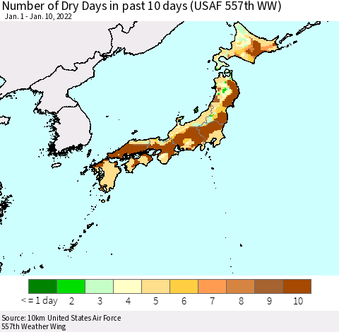 Japan Number of Dry Days in past 10 days (USAF 557th WW) Thematic Map For 1/6/2022 - 1/10/2022