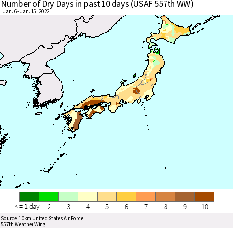 Japan Number of Dry Days in past 10 days (USAF 557th WW) Thematic Map For 1/11/2022 - 1/15/2022