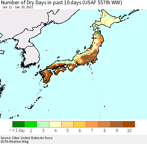 Japan Number of Dry Days in past 10 days (USAF 557th WW) Thematic Map For 1/16/2022 - 1/20/2022