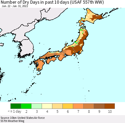 Japan Number of Dry Days in past 10 days (USAF 557th WW) Thematic Map For 1/26/2022 - 1/31/2022