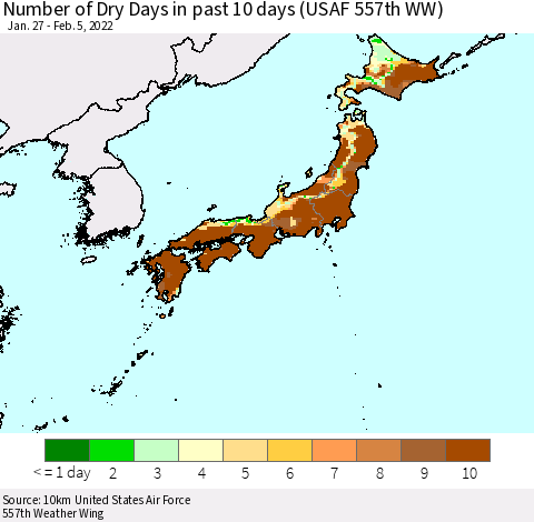 Japan Number of Dry Days in past 10 days (USAF 557th WW) Thematic Map For 2/1/2022 - 2/5/2022