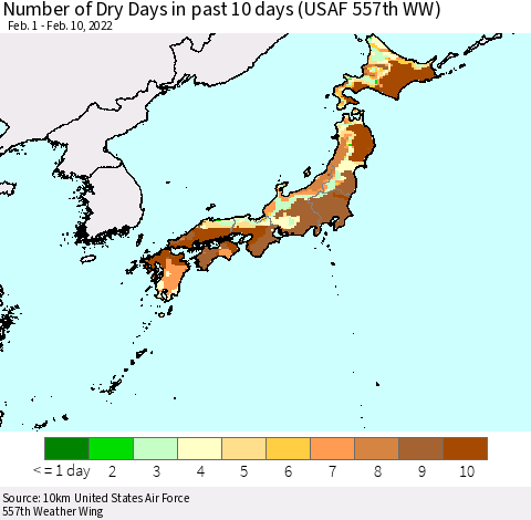 Japan Number of Dry Days in past 10 days (USAF 557th WW) Thematic Map For 2/6/2022 - 2/10/2022