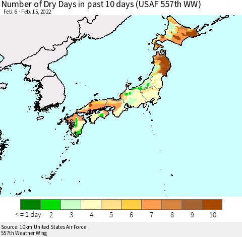 Japan Number of Dry Days in past 10 days (USAF 557th WW) Thematic Map For 2/11/2022 - 2/15/2022