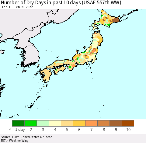 Japan Number of Dry Days in past 10 days (USAF 557th WW) Thematic Map For 2/16/2022 - 2/20/2022