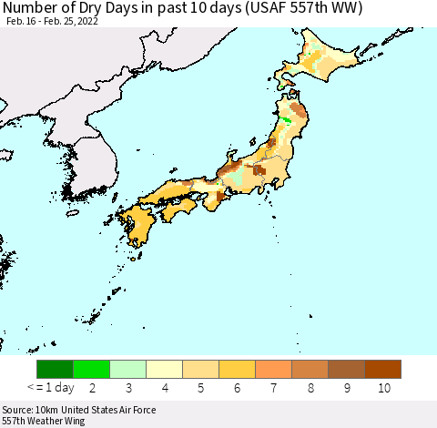 Japan Number of Dry Days in past 10 days (USAF 557th WW) Thematic Map For 2/21/2022 - 2/25/2022