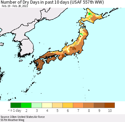 Japan Number of Dry Days in past 10 days (USAF 557th WW) Thematic Map For 2/26/2022 - 2/28/2022