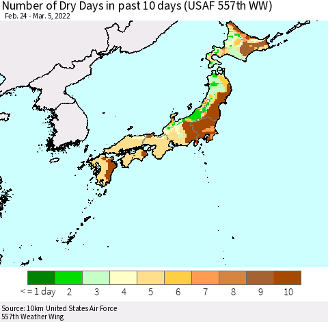Japan Number of Dry Days in past 10 days (USAF 557th WW) Thematic Map For 3/1/2022 - 3/5/2022