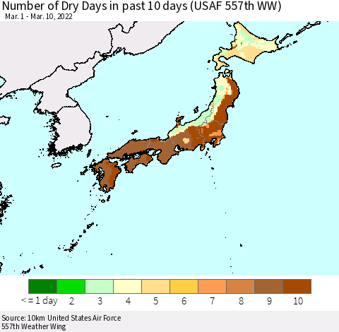 Japan Number of Dry Days in past 10 days (USAF 557th WW) Thematic Map For 3/6/2022 - 3/10/2022