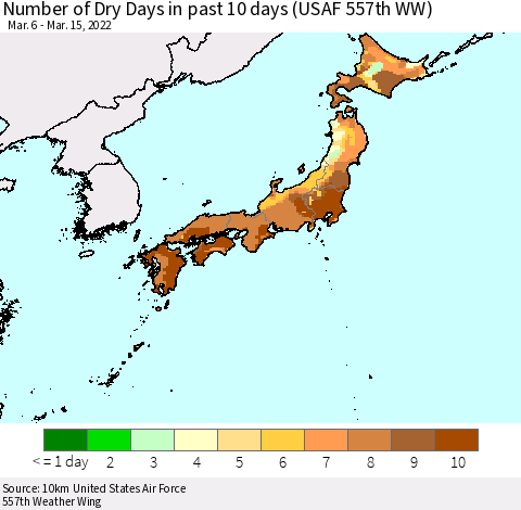 Japan Number of Dry Days in past 10 days (USAF 557th WW) Thematic Map For 3/11/2022 - 3/15/2022