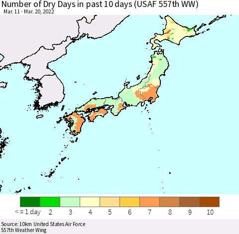 Japan Number of Dry Days in past 10 days (USAF 557th WW) Thematic Map For 3/16/2022 - 3/20/2022