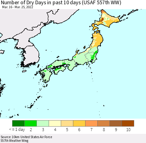 Japan Number of Dry Days in past 10 days (USAF 557th WW) Thematic Map For 3/21/2022 - 3/25/2022