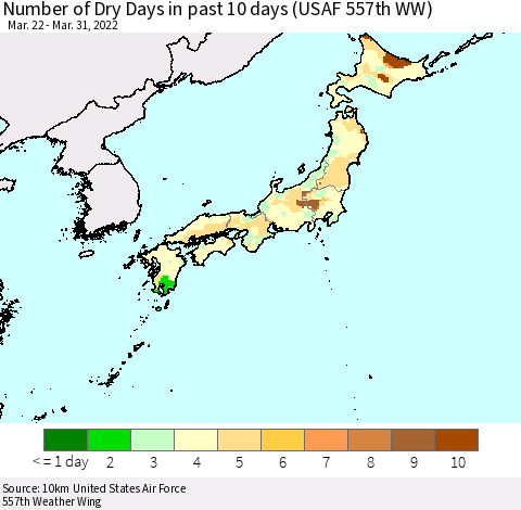 Japan Number of Dry Days in past 10 days (USAF 557th WW) Thematic Map For 3/26/2022 - 3/31/2022