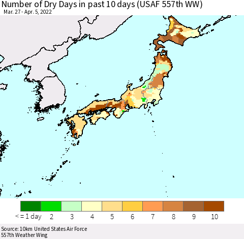 Japan Number of Dry Days in past 10 days (USAF 557th WW) Thematic Map For 4/1/2022 - 4/5/2022