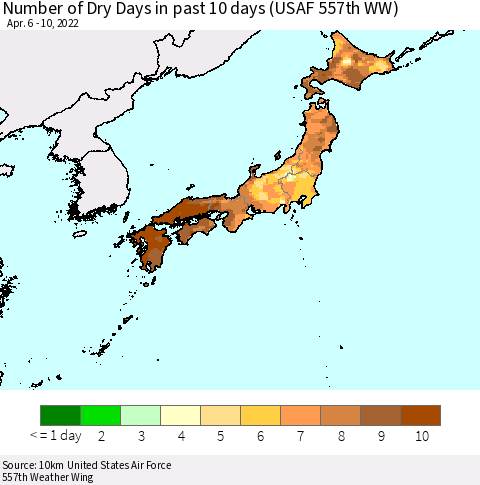 Japan Number of Dry Days in past 10 days (USAF 557th WW) Thematic Map For 4/6/2022 - 4/10/2022