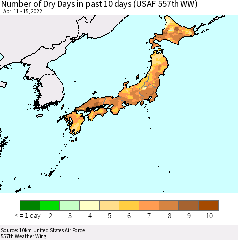 Japan Number of Dry Days in past 10 days (USAF 557th WW) Thematic Map For 4/11/2022 - 4/15/2022