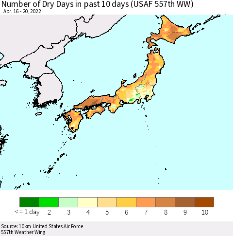 Japan Number of Dry Days in past 10 days (USAF 557th WW) Thematic Map For 4/16/2022 - 4/20/2022