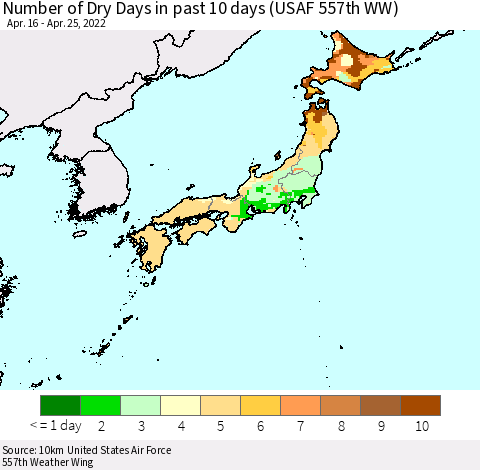 Japan Number of Dry Days in past 10 days (USAF 557th WW) Thematic Map For 4/21/2022 - 4/25/2022