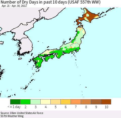 Japan Number of Dry Days in past 10 days (USAF 557th WW) Thematic Map For 4/26/2022 - 4/30/2022